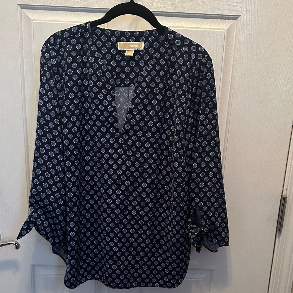MICHAEL Michael Kors Navy Blue Patterned Blouse 3/4 sleeve w/tie detail Size L